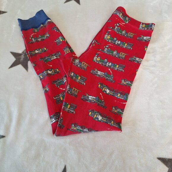 Hanna Andersson Size US 10 EU 140 Organic Cotton Long John Pajamas Red Trains - Picture 1 of 11
